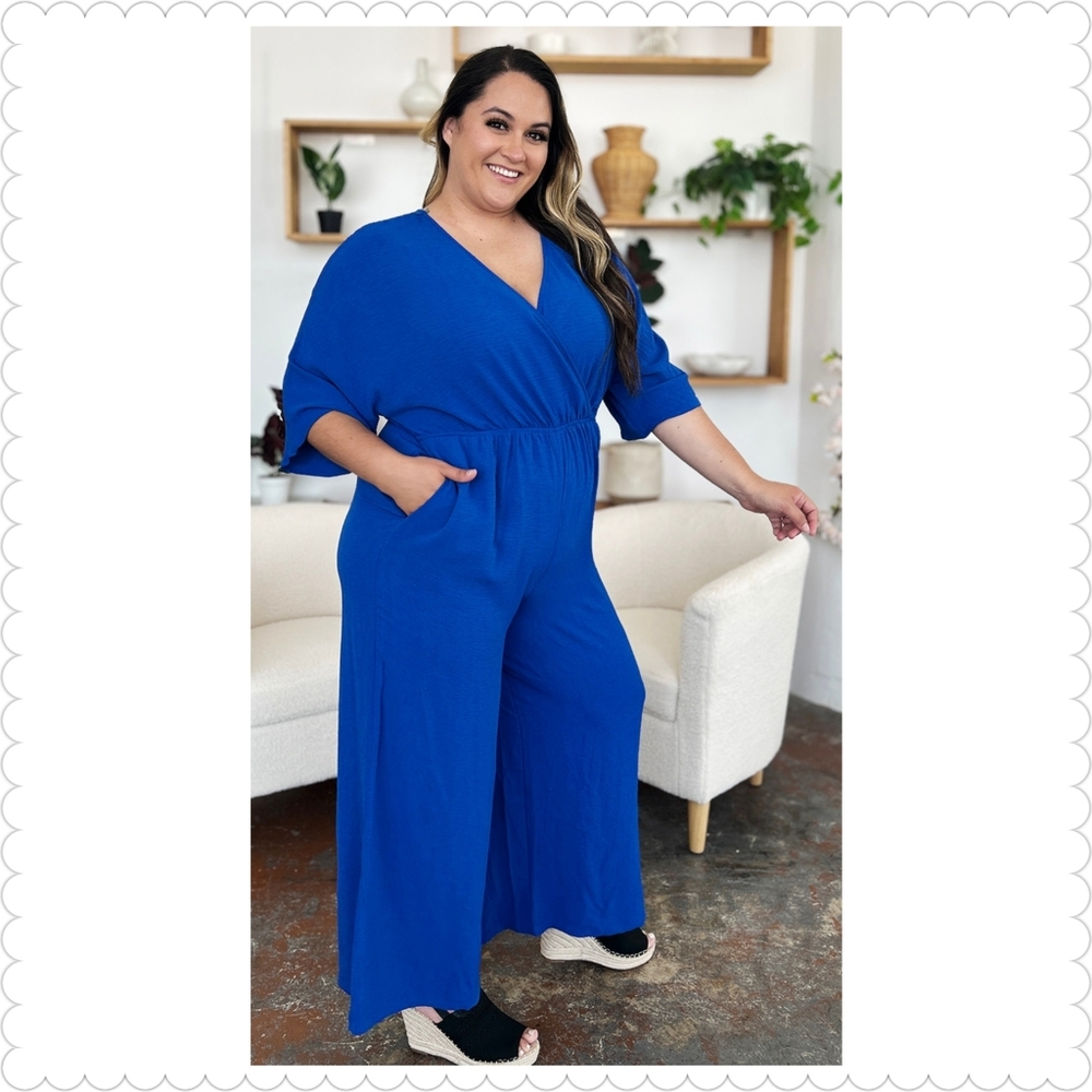 Blue Wide-Leg Surplice Jumpsuit - Picture 13 of 15